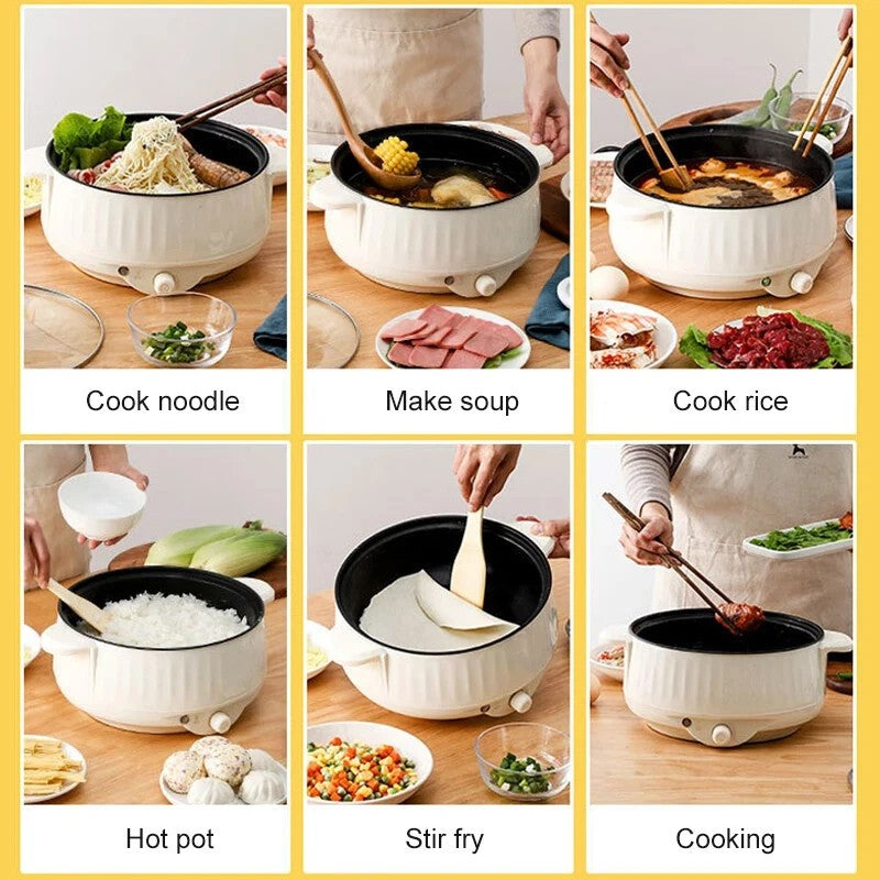 Multifunctional cooking pot being used for various recipes on a wooden table.