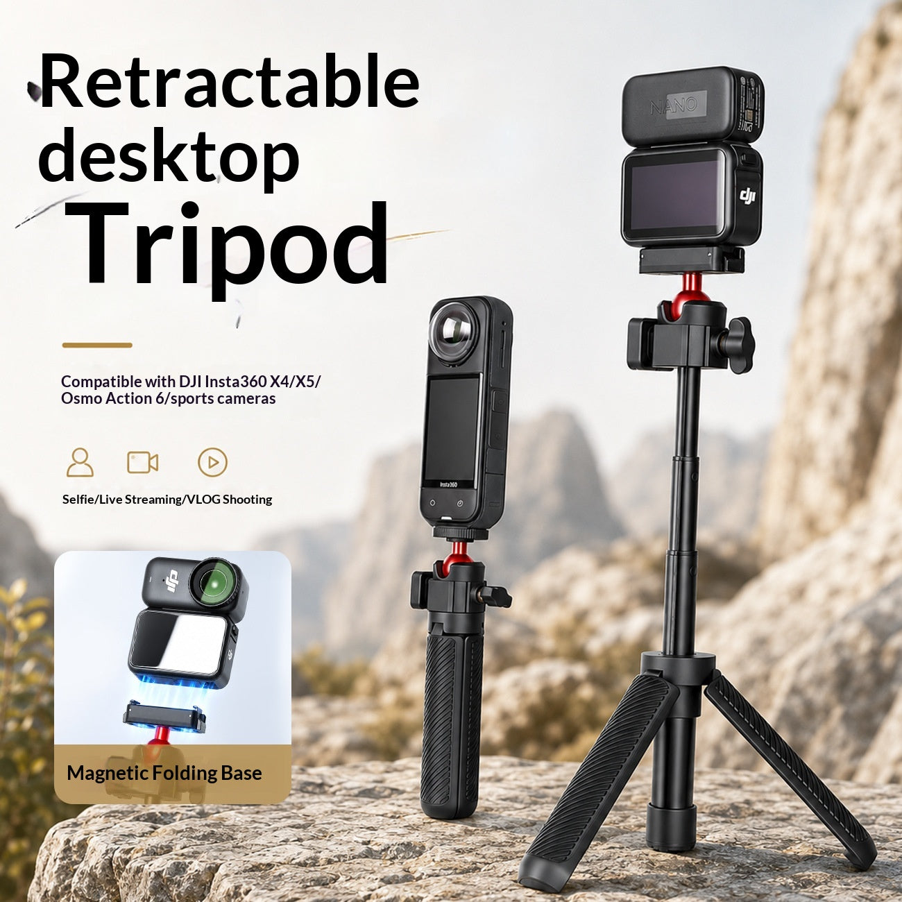 Retractable Desktop Tripod – 360° Ball Head, Phone & Action Cam - view 4 of 7